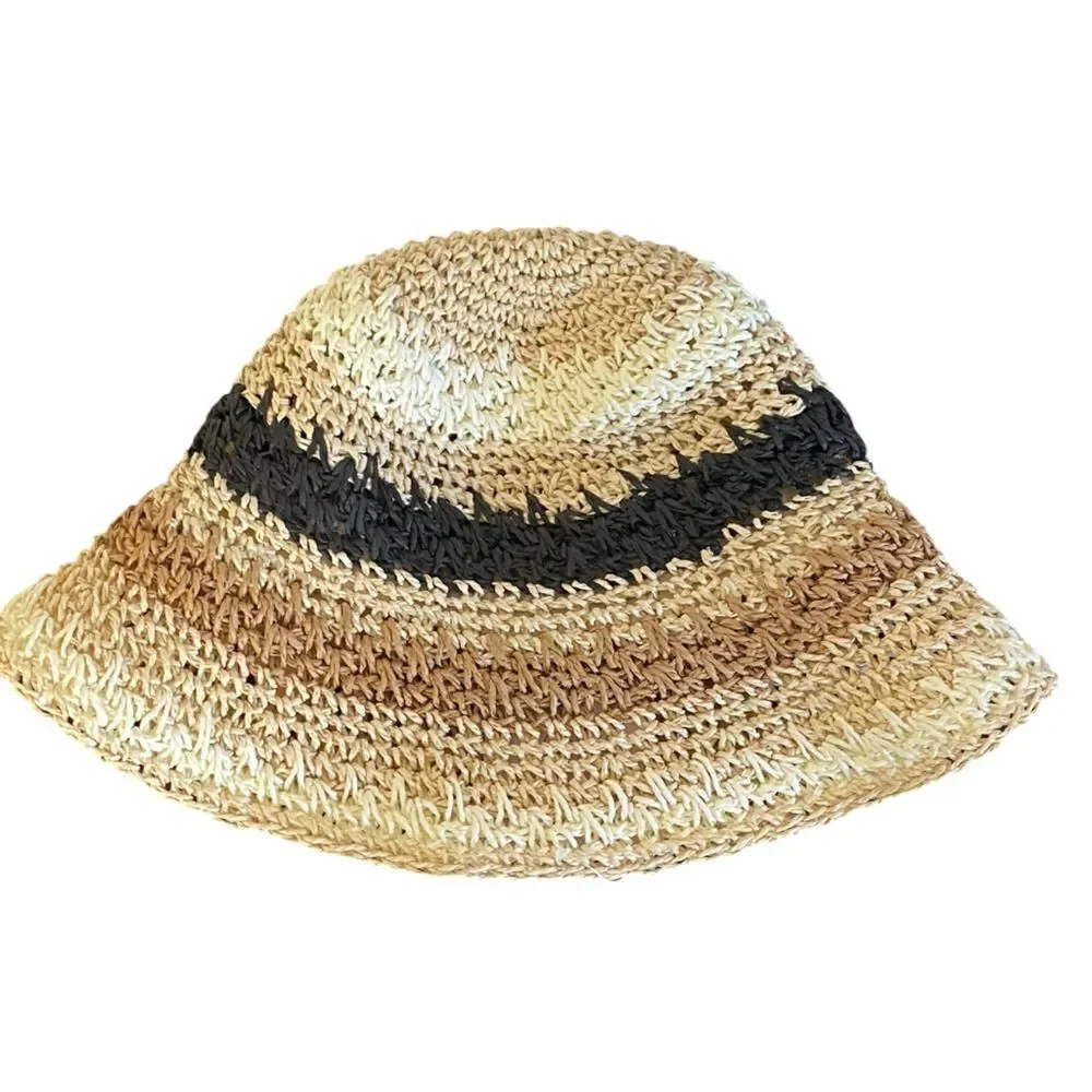 Crochet Stripe Beige Black Ivory Bucket Hat NWT